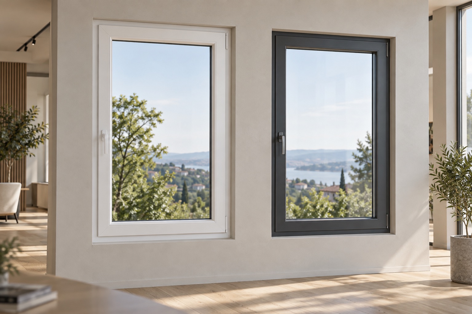 Beli PVC i antracit aluminijumski prozor prikazani jedan pored drugog.