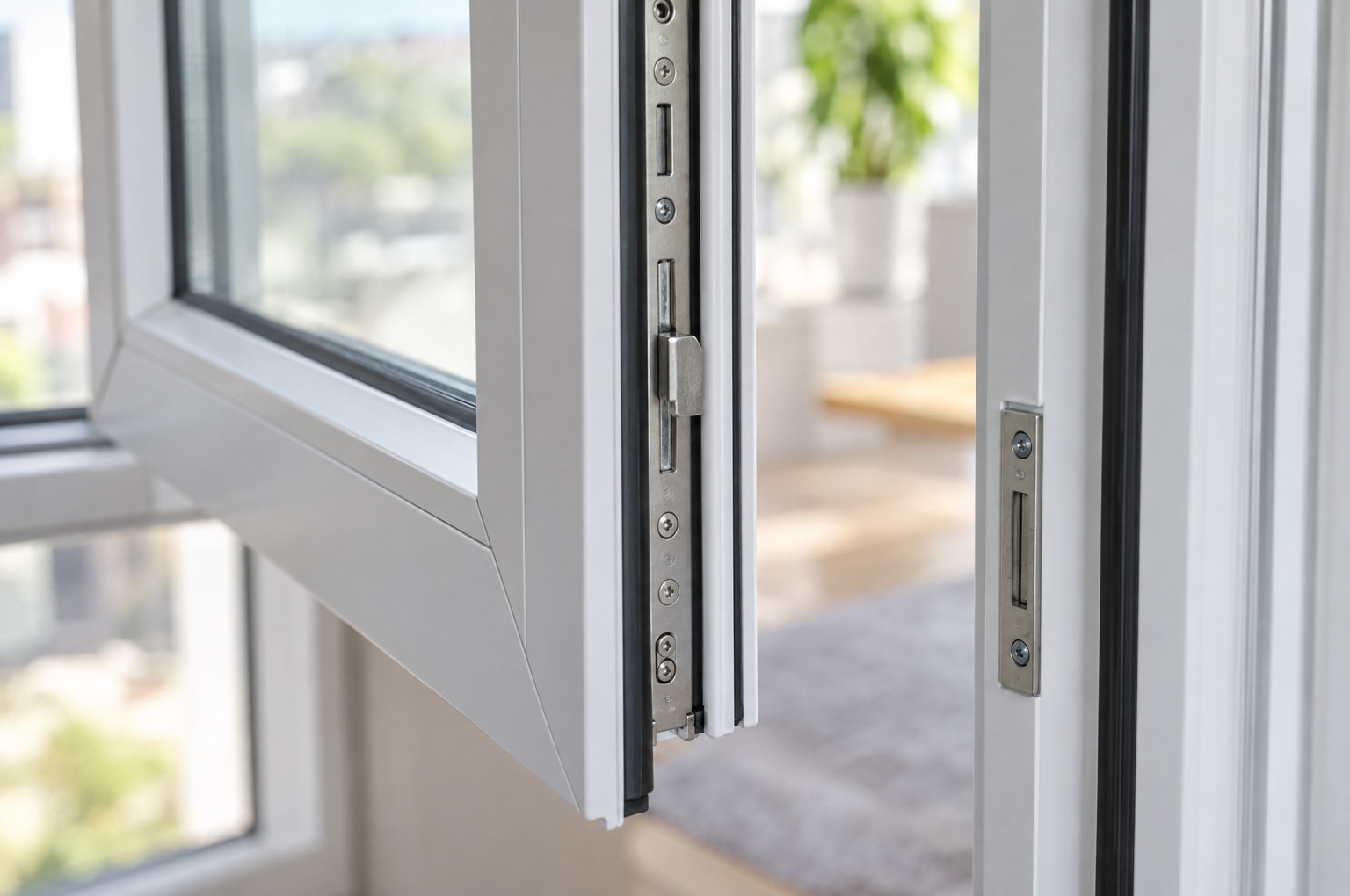 Detalj okova i zavarenog ugla na otvorenom krilu belog PVC prozora.