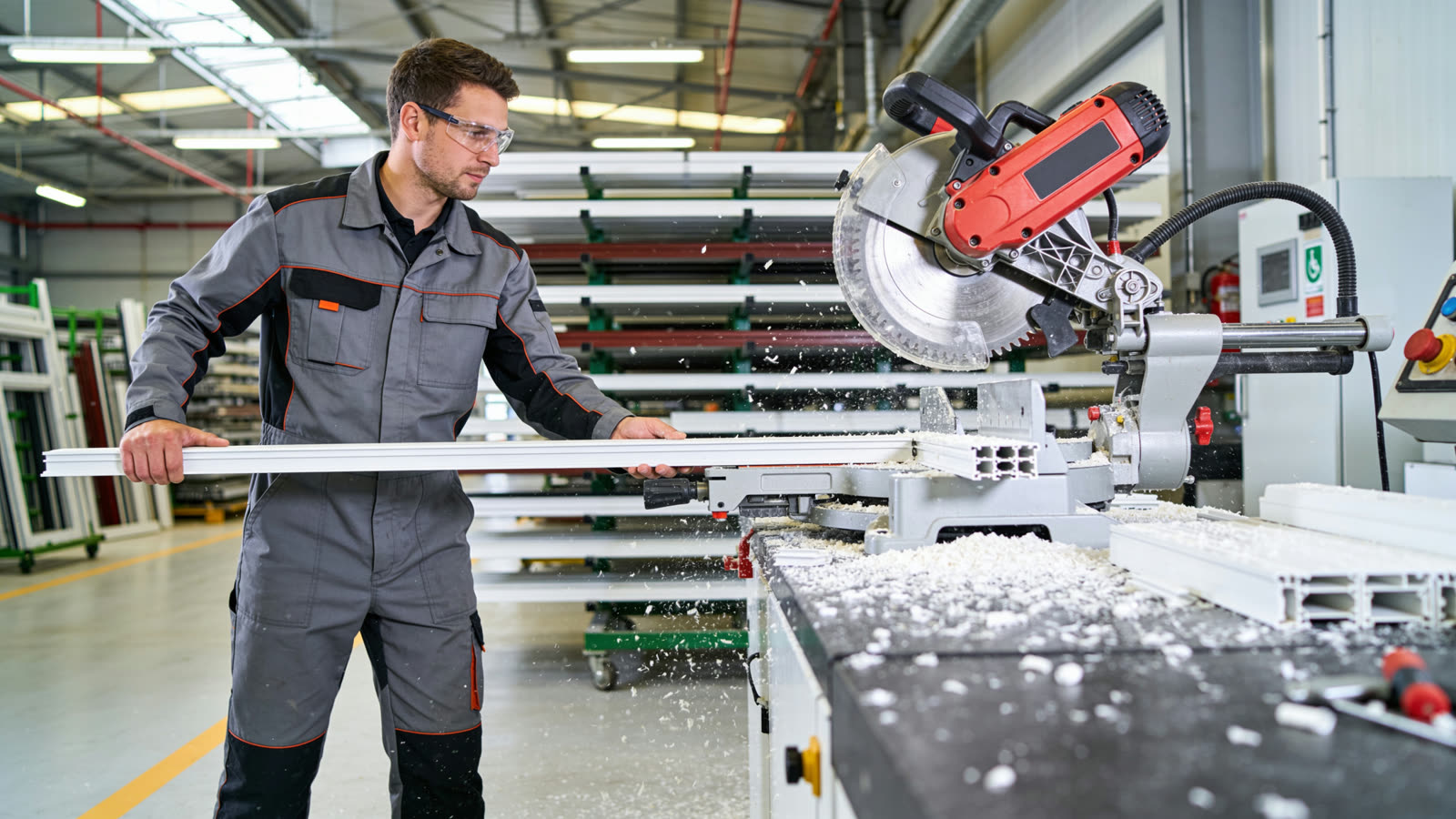 A CNC saw cutting a PVC profile in the Danito workshop